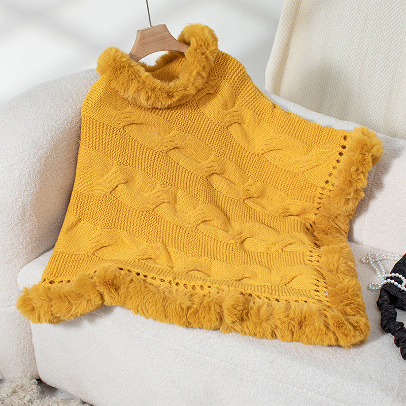 Women Clothing Autumn Winter Imitation Rex Rabbit Fur Collar Thick Cable Knit Pullover Sweater Cloak F Yellow