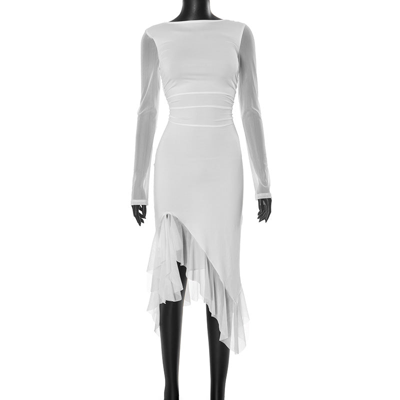 Women Clothing Mesh Stitching Long Sleeves Split Ruffled Tassel Dress White