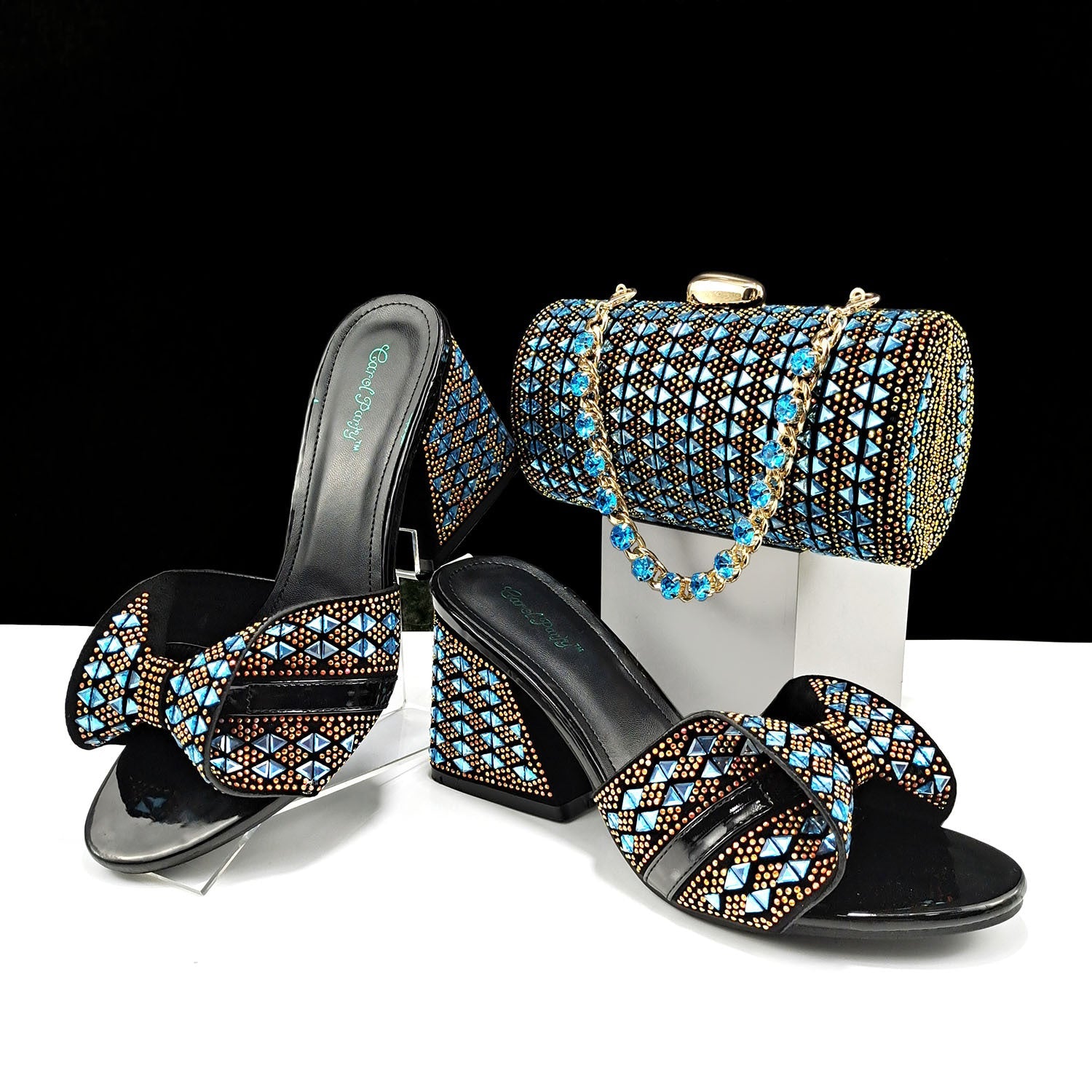 Women Shoes Bags Two Piece Sets Summer Mouth High Heel Slippers Color Matching Rhinestone Embellished Cylindrical Bag Casual skyblue