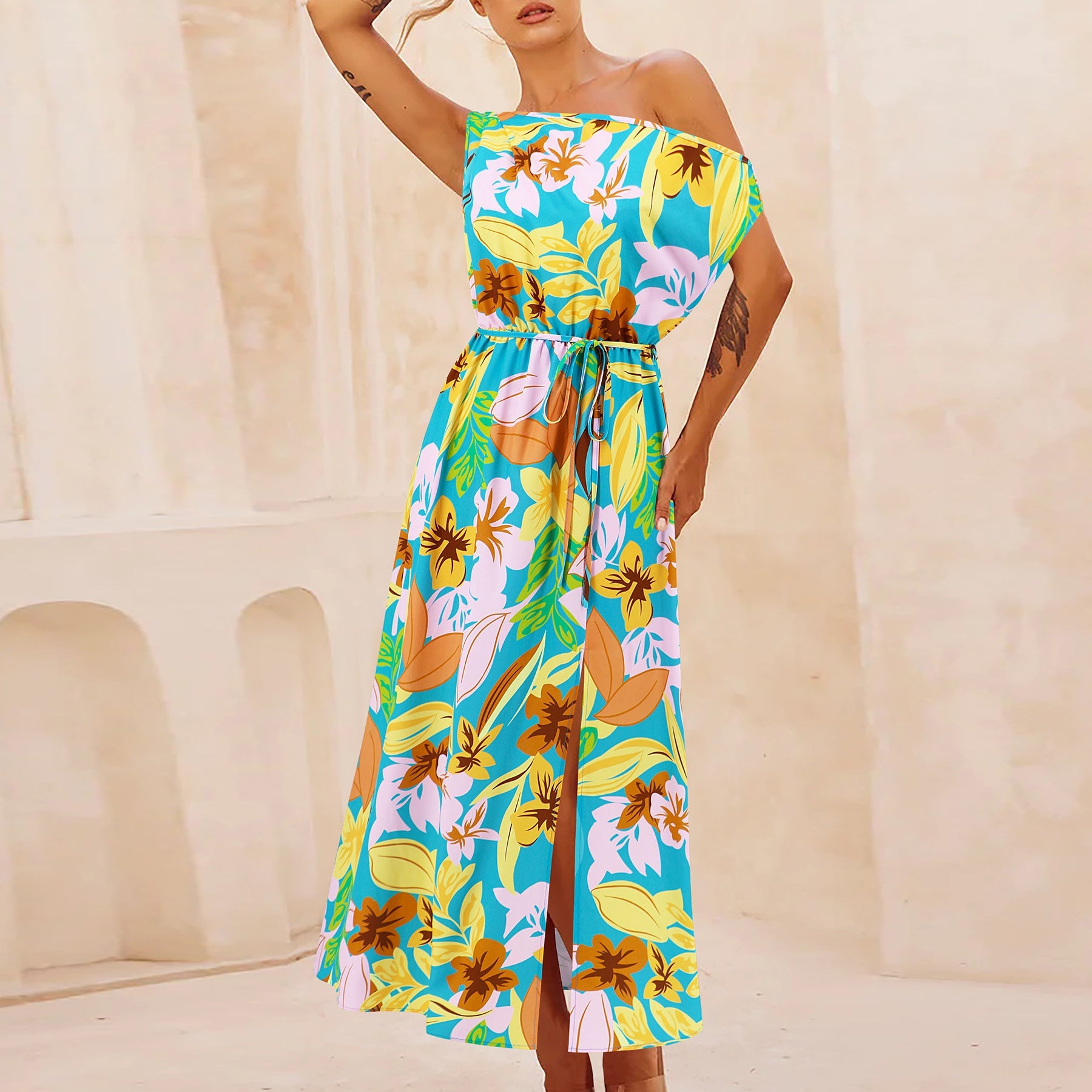 Spring Summer Elegant Slim Printed Dress Off Neck Slit Belt Dress Multicolor-1