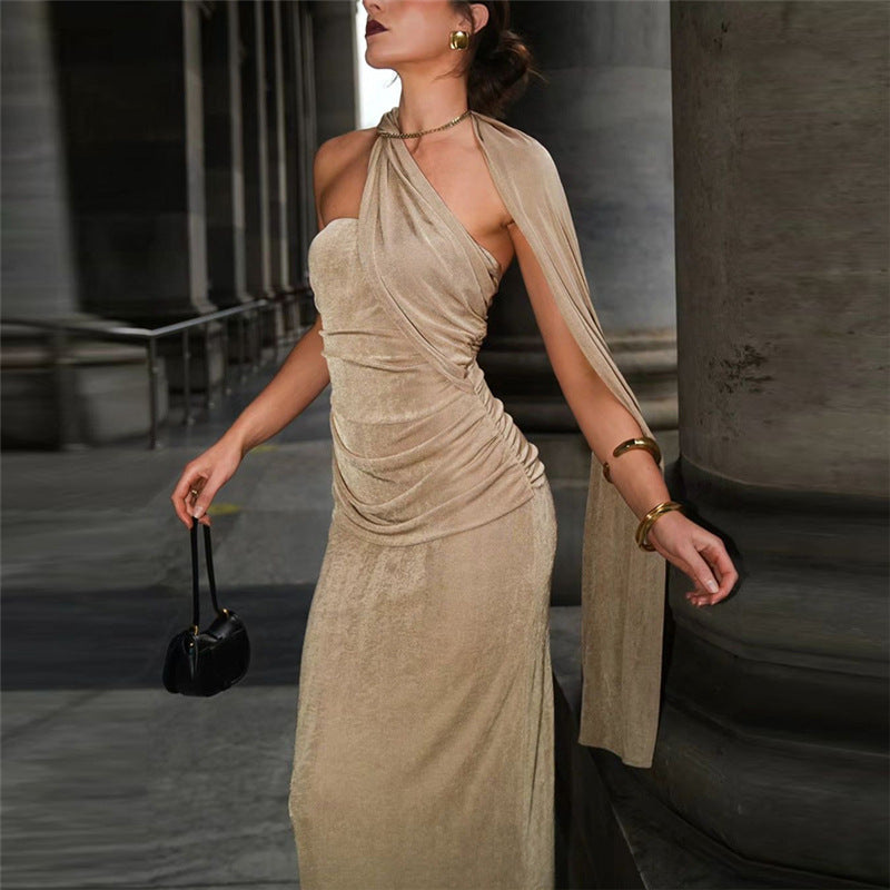 Winter Sexy Slim Fit Backless Tube Top Ribbon Halter Pleated Solid Color Maxi Dress Evening Dress