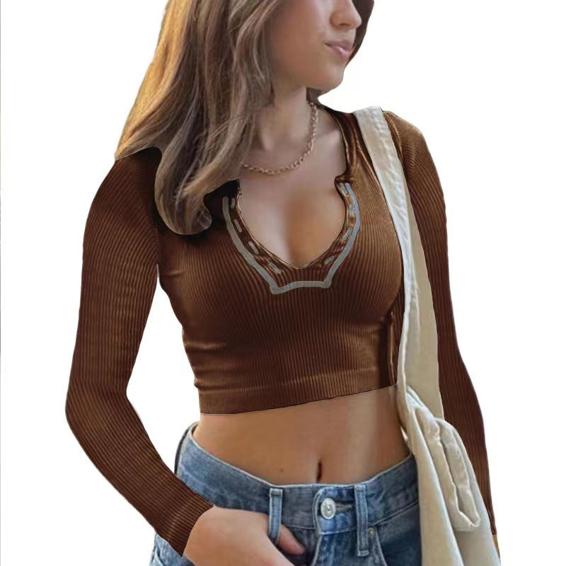 V neck Women Sunken Stripe Long Sleeved Vest Top Slim Fit Cropped Base Clothing Solid Color Vest Dark Brown