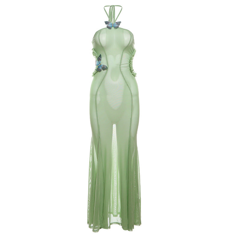 Summer Women Clothing Sexy Vacation Design Butterfly Halter Backless Hollow Out Cutout Slim Dress Green