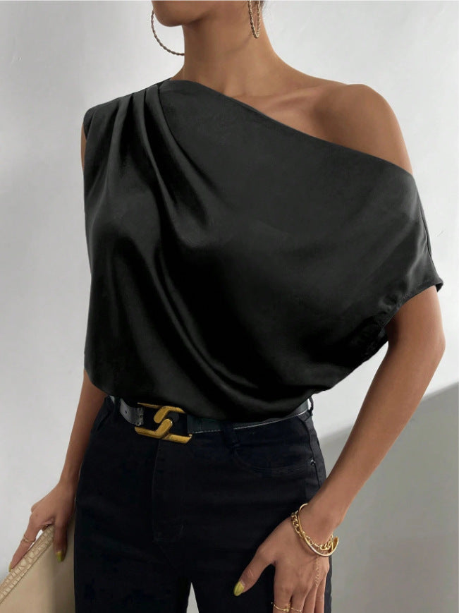 Spring Solid Color Satin Artificial Silk Irregular Asymmetric Shoulder off Shoulder Pullover Sleeveless Shirt Women Clothing Black