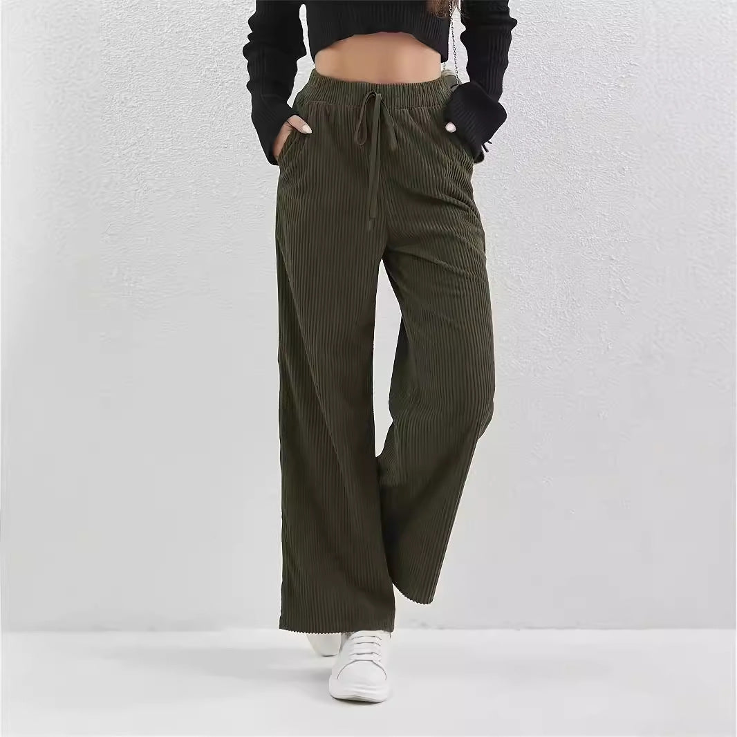 Women Casual Retro Solid Color All Matching Corduroy Elastic Waist Straight Leg Trousers