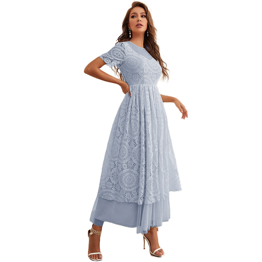 Women Clothing Summer Lace Stitching Mesh Solid Color Dress Light Blue