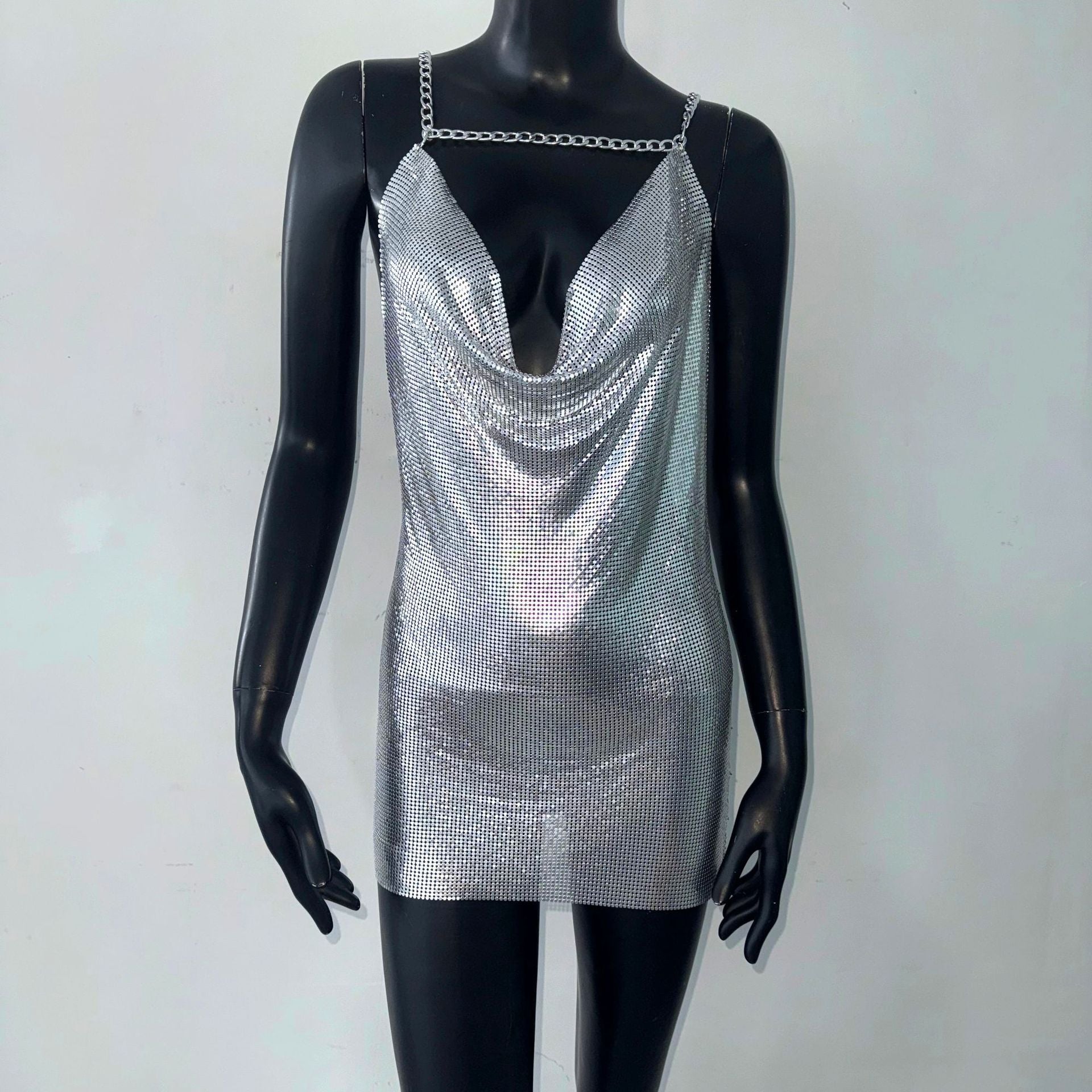 Women Clothing Sequin Sling Dress Cocktail Party Dress Metal Suspender Dress Silver