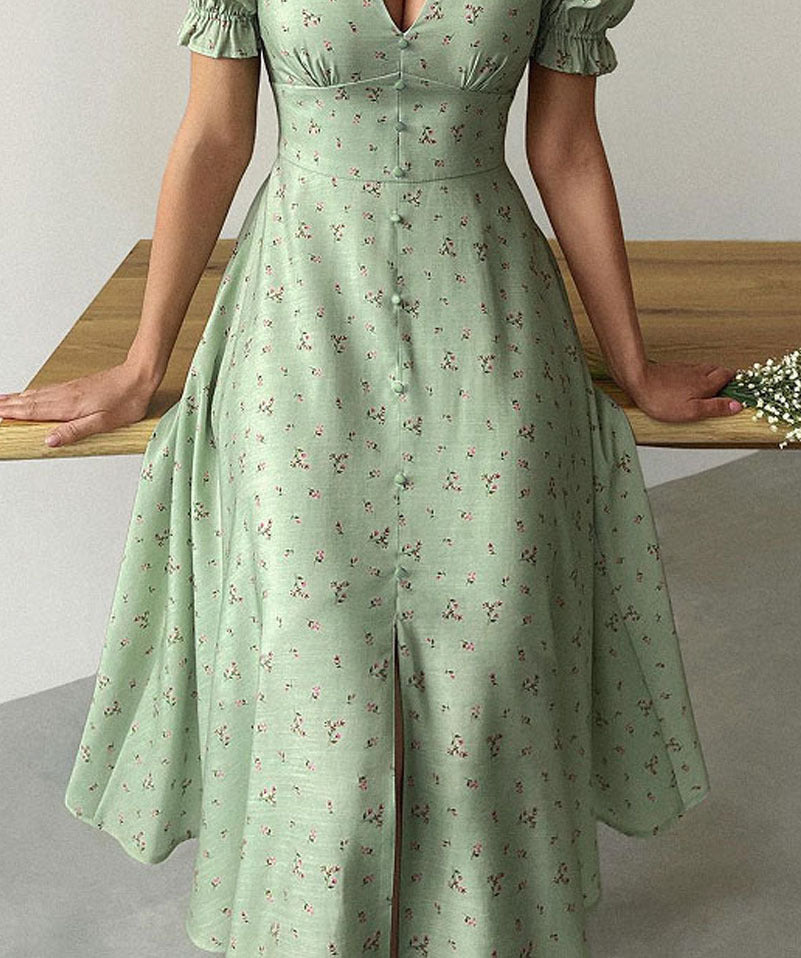 Women Clothing Elegant Printed V neck Lantern Sleeve Dress