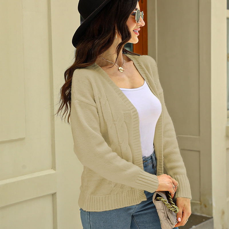 Women Knit Shirt Women Solid Color Thread Loose Sweater Simple Cardigan Apricot