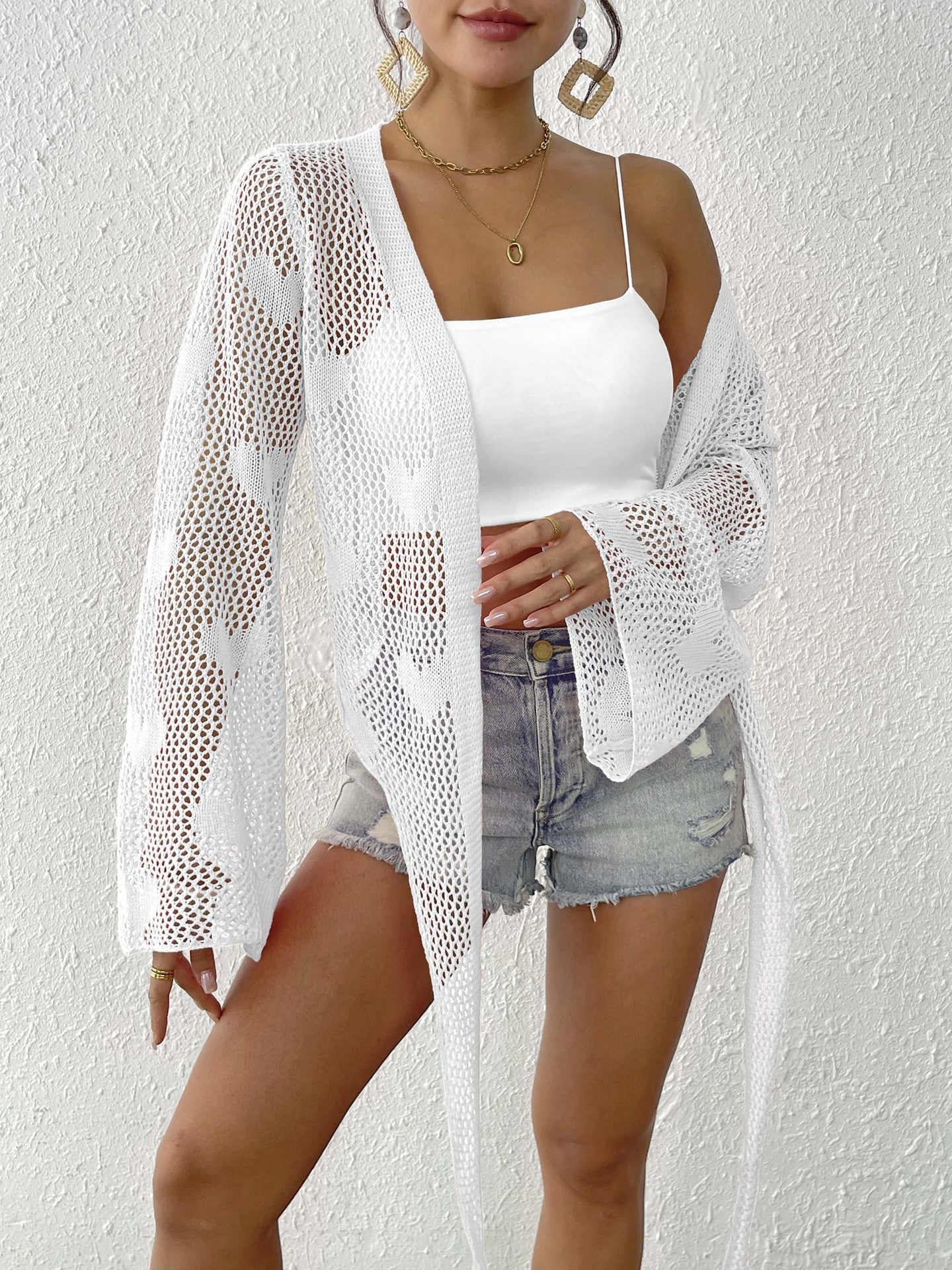 Women Cardigan Clothing Spring Summer Lace up Bow Bell Sleeve Mechanism Shirt Beach Cover Up One Size White