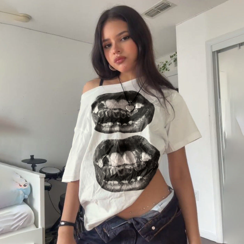 Summer Short Sleeved T shirt Sexy Street Trends Lip Printings Personality Loose Casual Top