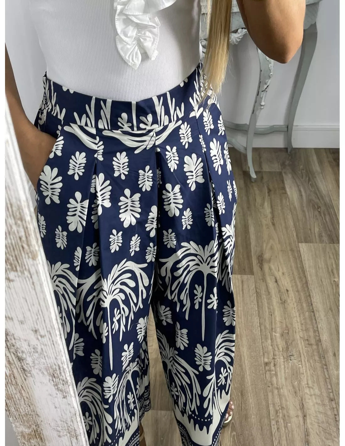 Women Casual Trousers Positioning Printing Loose Wide Leg Casual Trousers Navy Blue