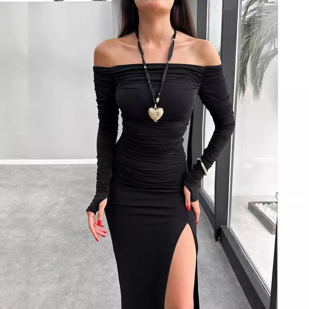 Women Clothing Autumn Winter off Neck Backless Pleated Long Sleeve Narrow Split Dress