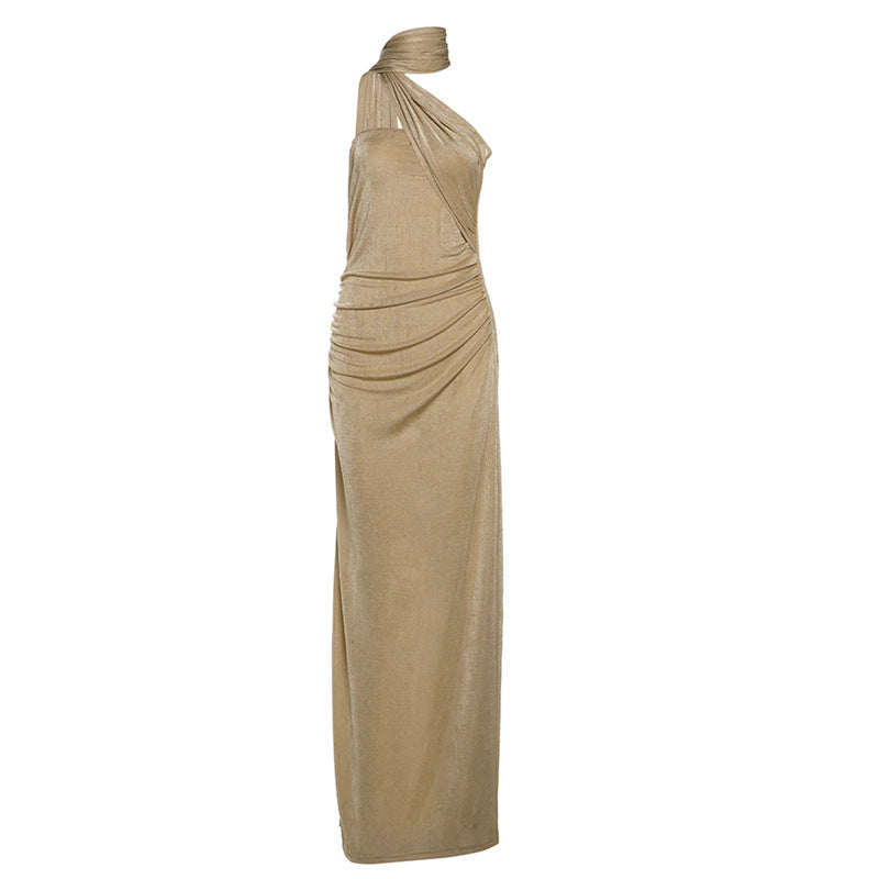 Winter Sexy Slim Fit Backless Tube Top Ribbon Halter Pleated Solid Color Maxi Dress Evening Dress Khaki