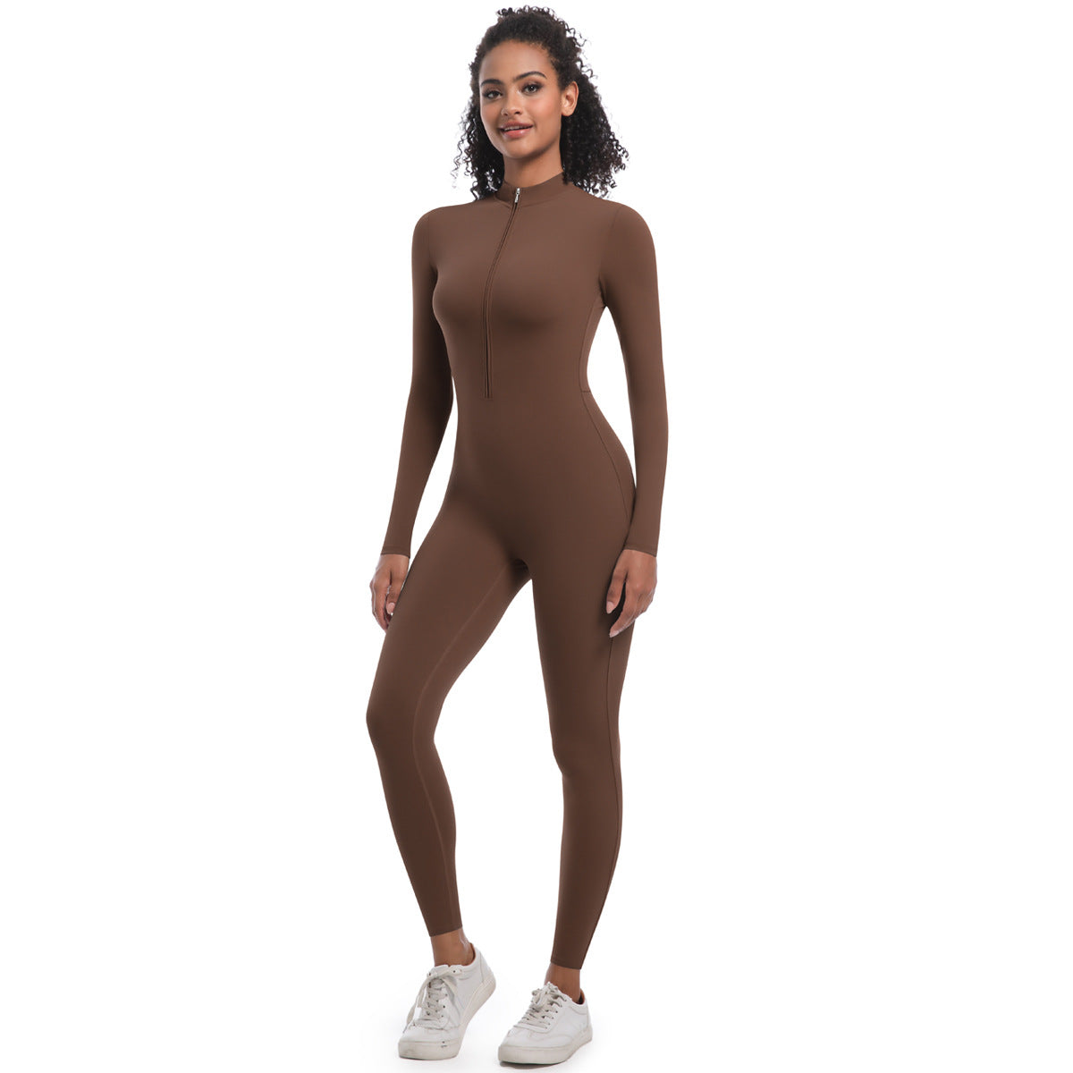 Zipper Nude Feel Long Sleeve Yoga Jumpsuit High Strength Running Fitness Clothes Sports Trend One Piece Tights Chestnut