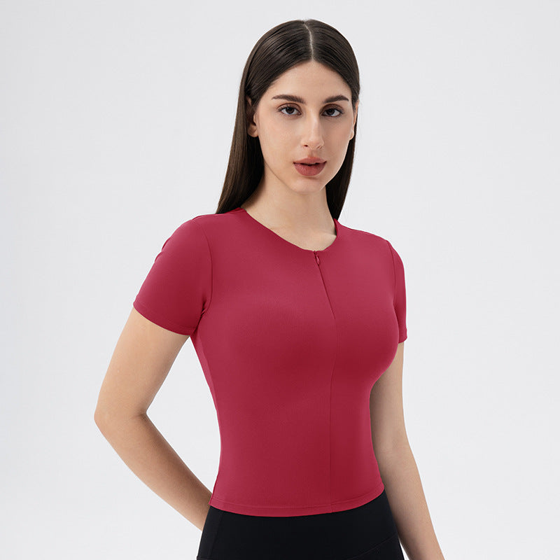 Women Yoga Clothes Short Sleeve Front Zipper Skinny Slimming with Chest Pad Workout Top Nude Feel High Elastic Exercise Running T shirt Red