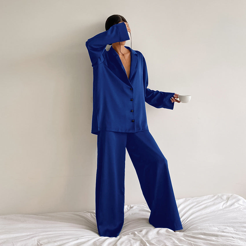 Spring Summer Blue Thin Women Home Silk-like Solid Color Pajamas Ice Silk Loose Can Be Worn outside Blue