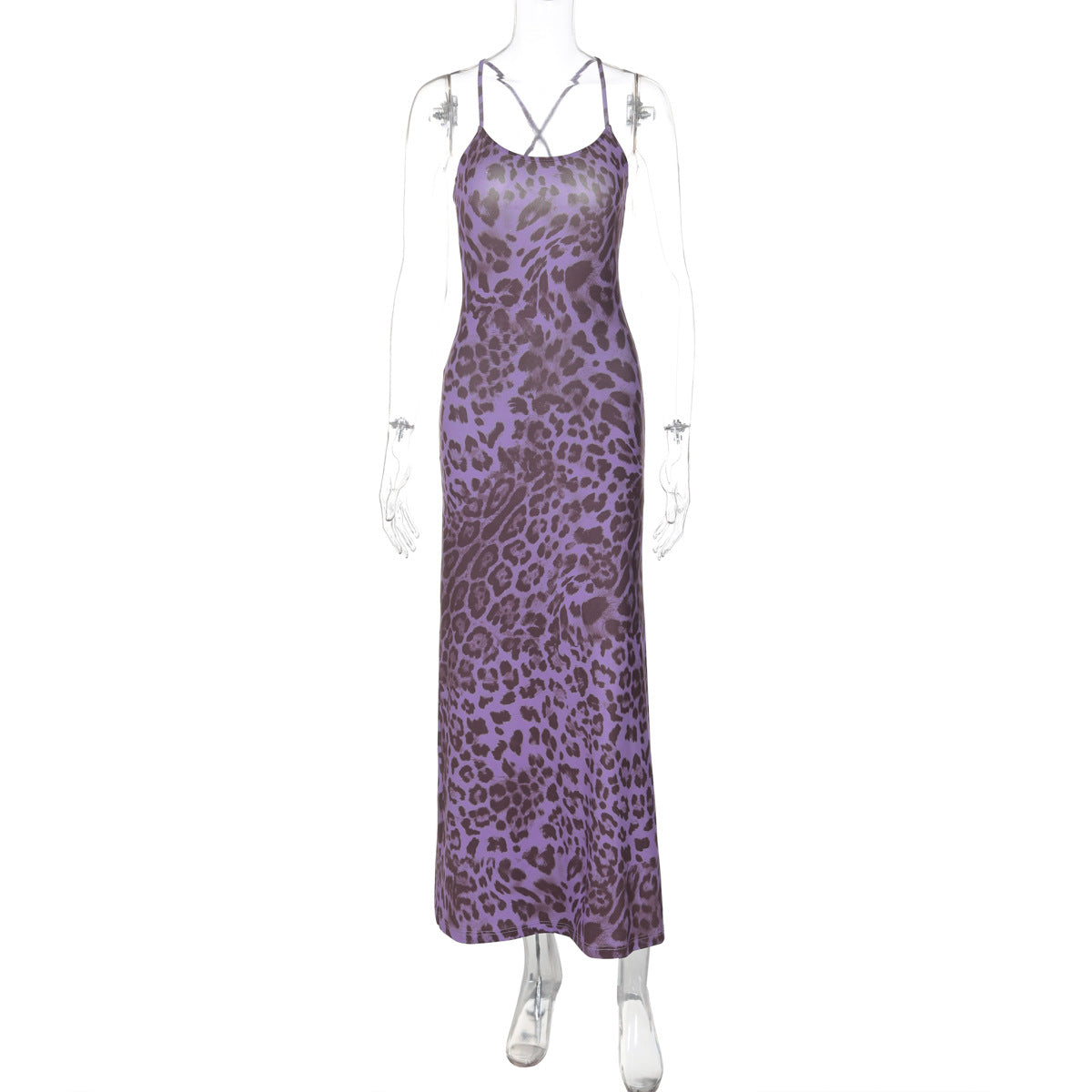 Women Clothing Summer Leopard Print Off Neck Backless Lace Up Waist Slimming Dress No Belt Purple