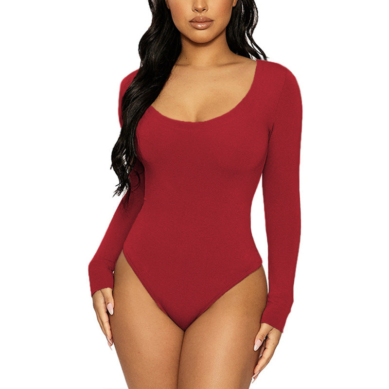 Women Clothing Spring Bottoming Top Slim Fit round Neck Long Sleeves Jumpsuit Bodysuit Red