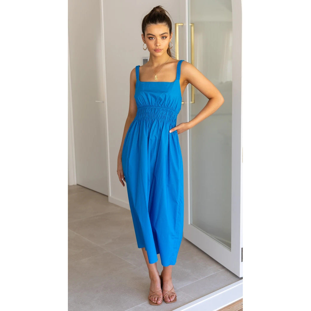 Spring Summer Backless Casual Waist Tight Mid Waist Solid Color Mid-Length Dress