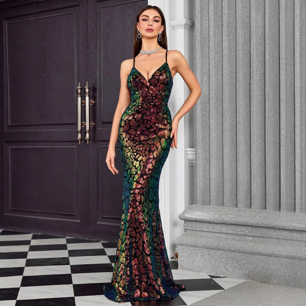 V neck Brace Evening Dress Fishtail Elegant Dress Annual Party Party Host Formal Dress Women