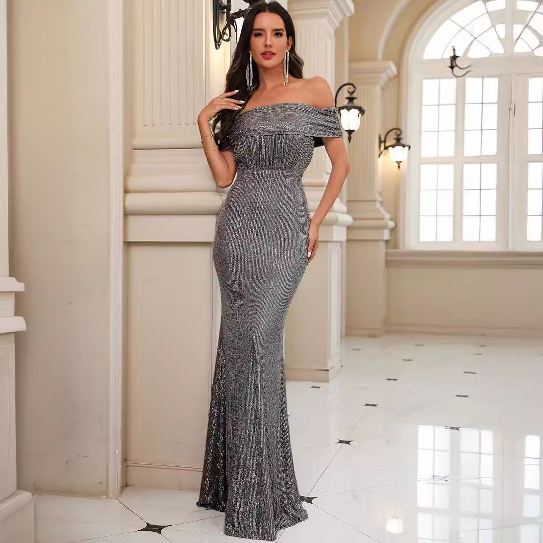 Women Sequined Off Neck Dress High Waist Backless Dress