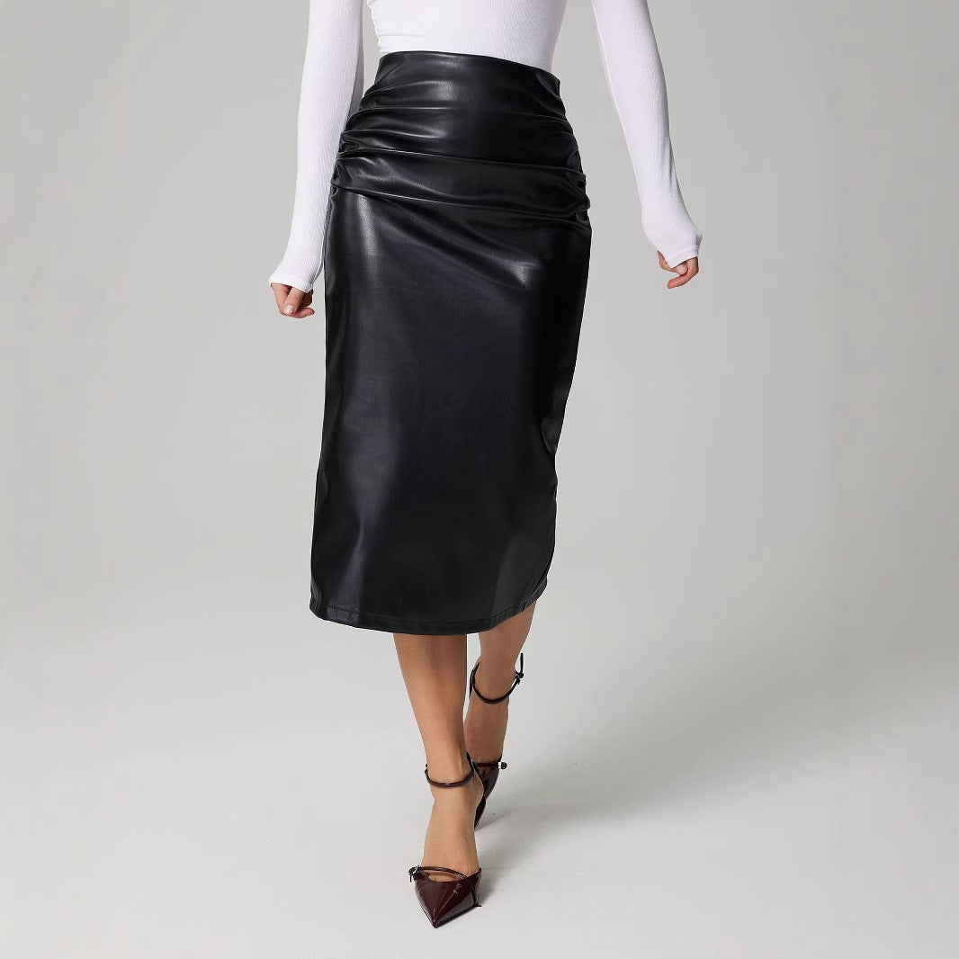 Women Clothing Back Slit Ruffle Hip Faux Leather Skirt