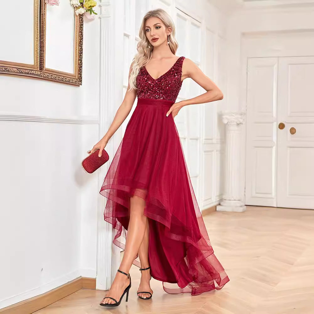 Women Chiffon Bridesmaid Dress Double V neck Dress Sleeveless A line Large Hem Sequin Stitching Evening Dress