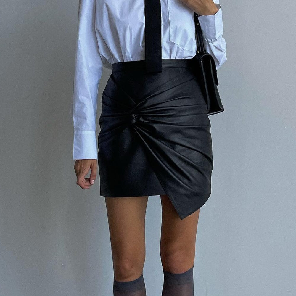 Women Clothing Autumn Winter Street Ruffle Hip Skirt Leather Skirt Black