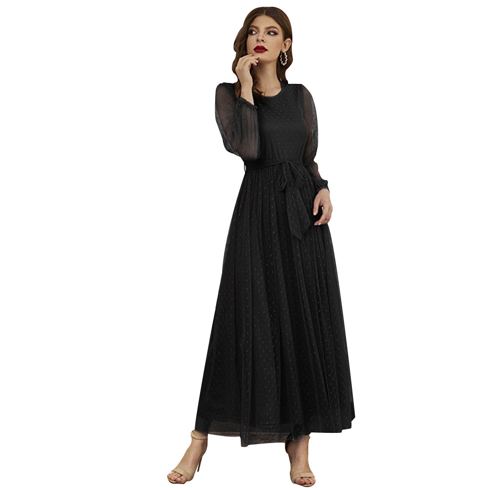 Women Clothing Autumn Winter Casual Round Neck Stitching Mesh Dress Black