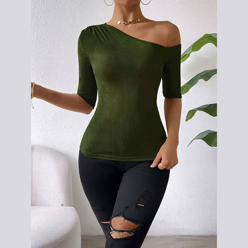 Women Clothing Summer Elegant off Shoulder Tight Bottoming Shirt Short Sleeve Knitted Stretch T shirt Top