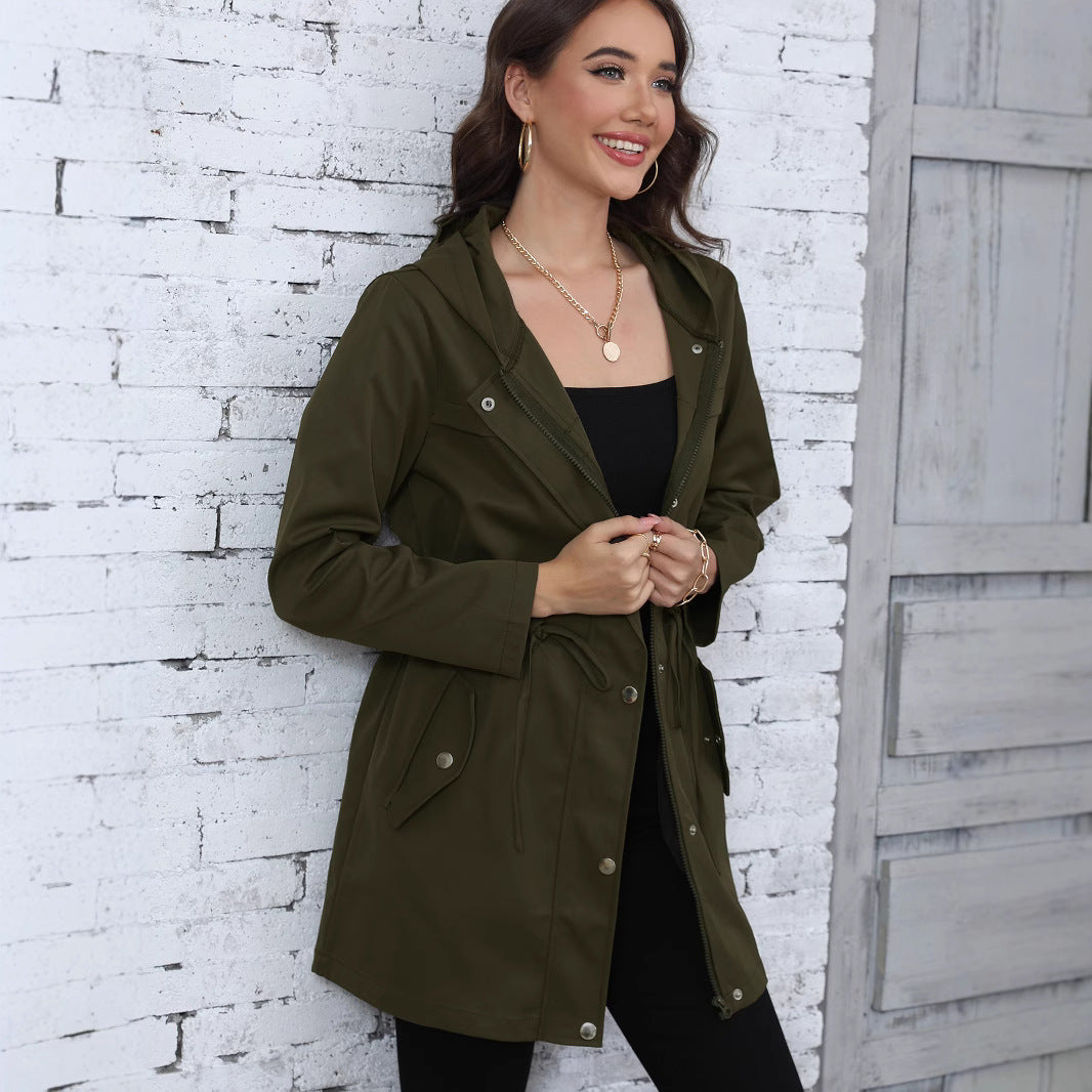 Women Clothing Spring Autumn Anorak Mid Length Waist Trimming Coat