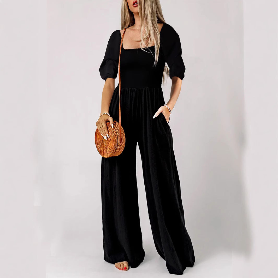 Wal Mart Spring Summer Sexy High Elastic Solid Color Women Jumpsuit Black