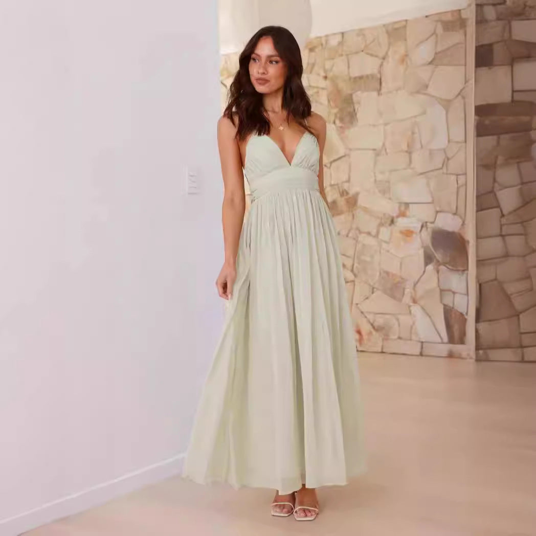 Women Dress Women Summer Backless Lace up Tight Waist Slim Chiffon Dress Green