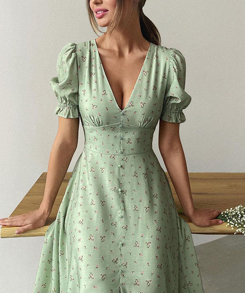 Women Clothing Elegant Printed V neck Lantern Sleeve Dress