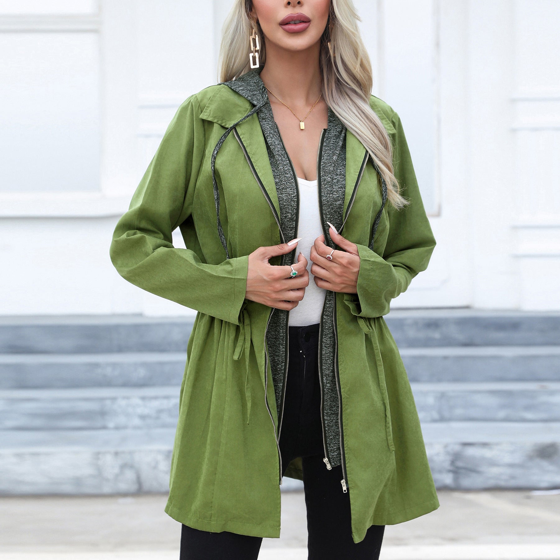 Women Clothing Casual Waist Tight Double Zipper Contrast Color Coat Mid Length Long Sleeve Hood Windbreaker Explosion Army Green