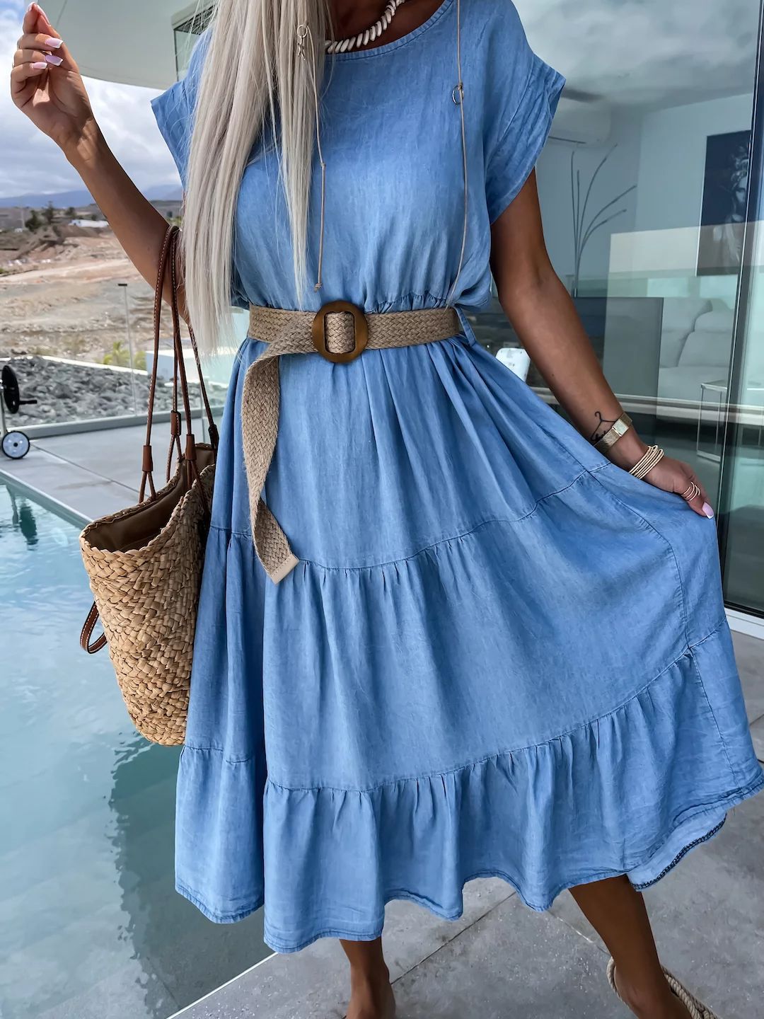 Women Clothing Casual Solid Color Simple Round Neck Short Sleeve Midi Dress Women Without Belt Blue