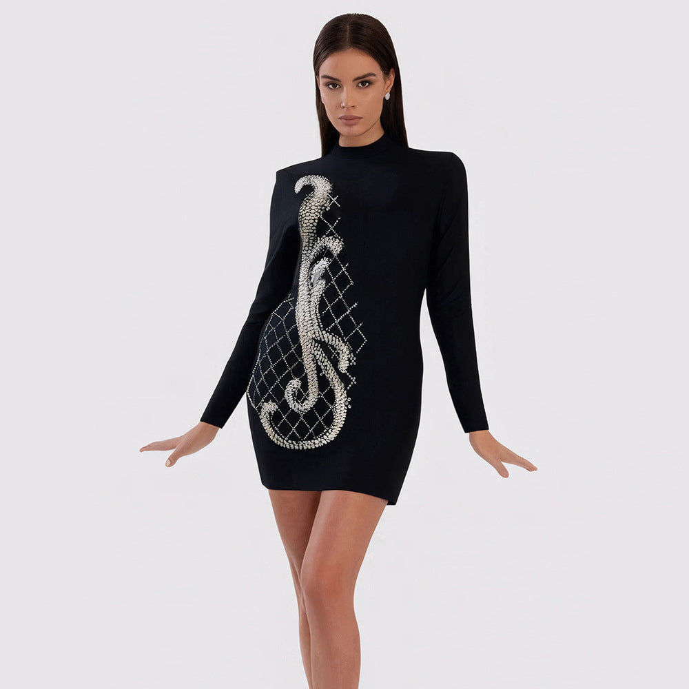 Women Clothes Heavy Embroidery Drilling Long Sleeve Bandage Dress Slimming Hip Wrapped Dinner Party Dress Black