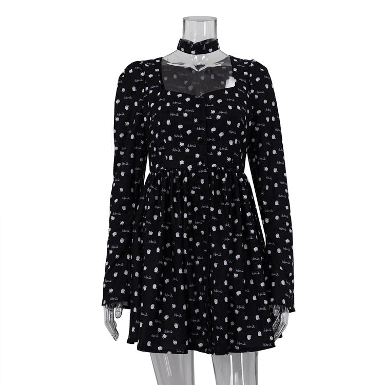 Women Clothing Spring Autumn Tea Break French Dress Collar Square Collar Long Sleeve Printing Casual A line Dress Black