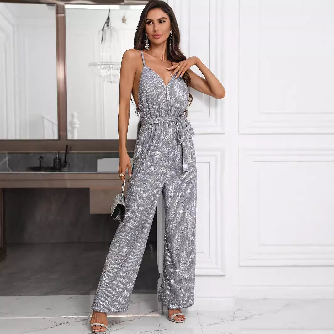 Women Clothing Street Jumpsuit Sexy Sequined Suspender Jumpsuit Trousers