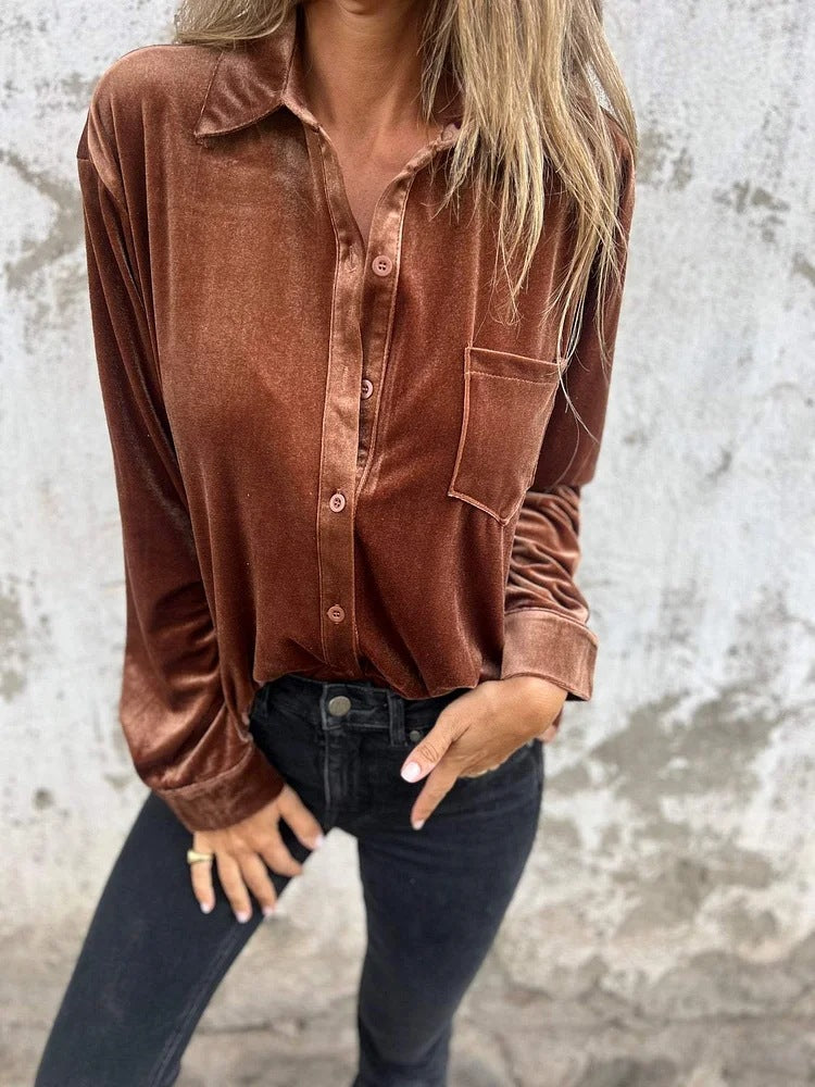 Women Fall Winter Gold Velvet Collared Shirt Coffee