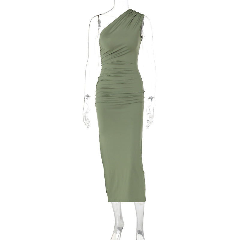 Summer Shoulder Solid Color Split Sleeveless Sexy Sexy Slim Fit Dress Ocean green