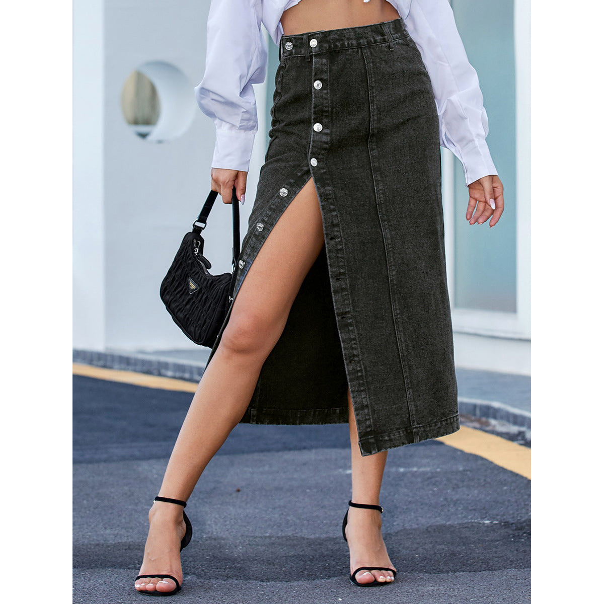 Women Clothing Irregular Asymmetric Slit Denim High Waist Long Skirt Black