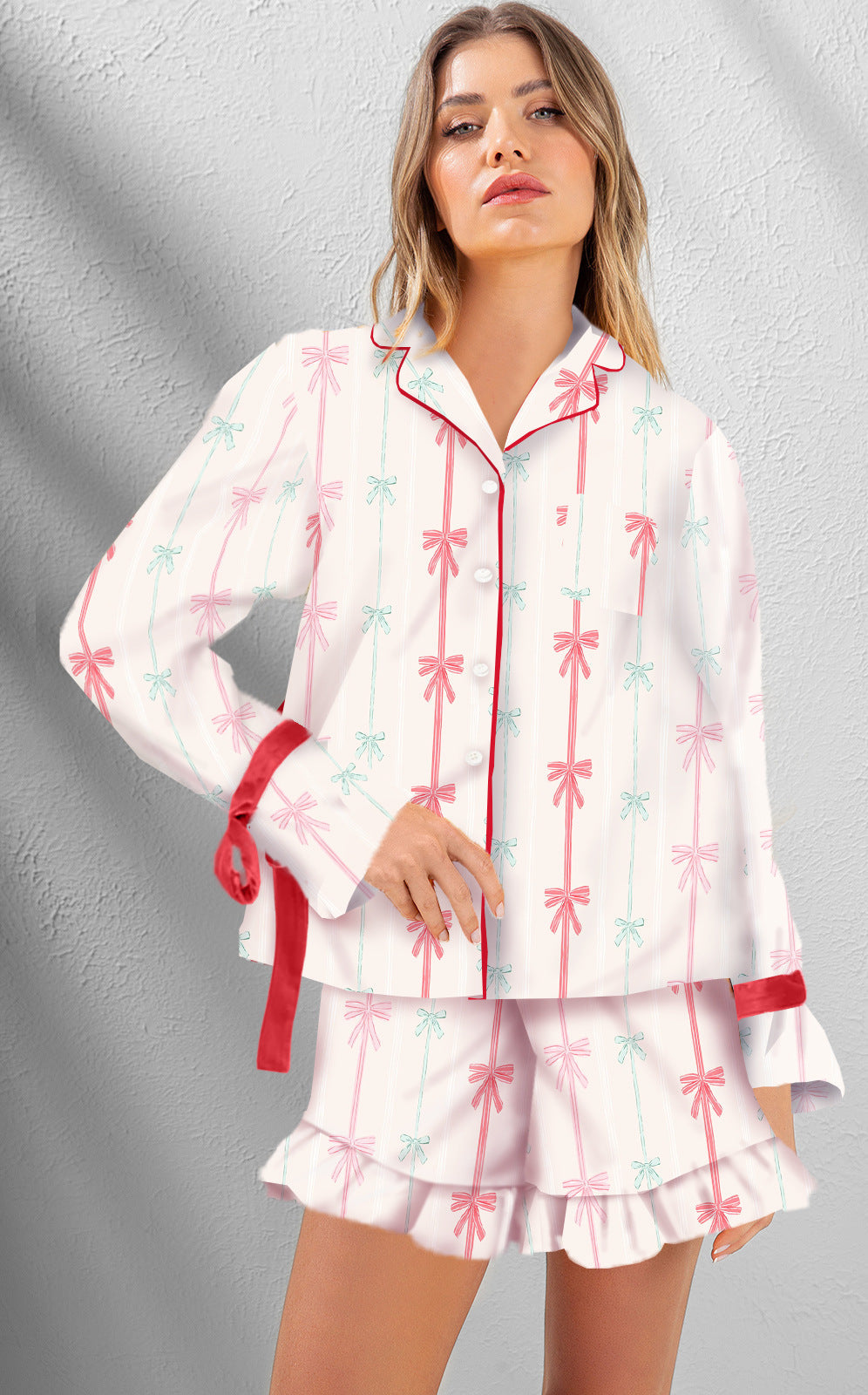 Spring Summer Women Clothing Casual Lace up Printed Shorts Two Piece Sets Pajamas White