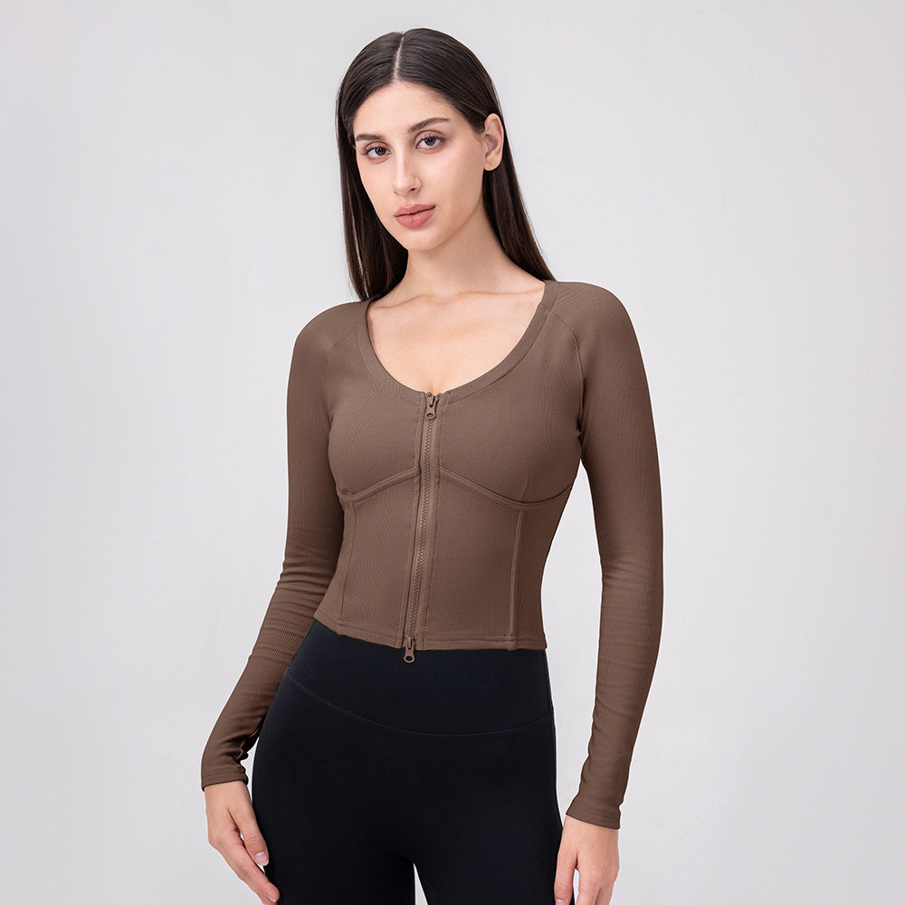 Women Autumn Winter Zipper Sports Top Boning Corset Slim Fit Thin Yoga Wear Sexy U Lead Step Workout Long Sleeve Burgundy