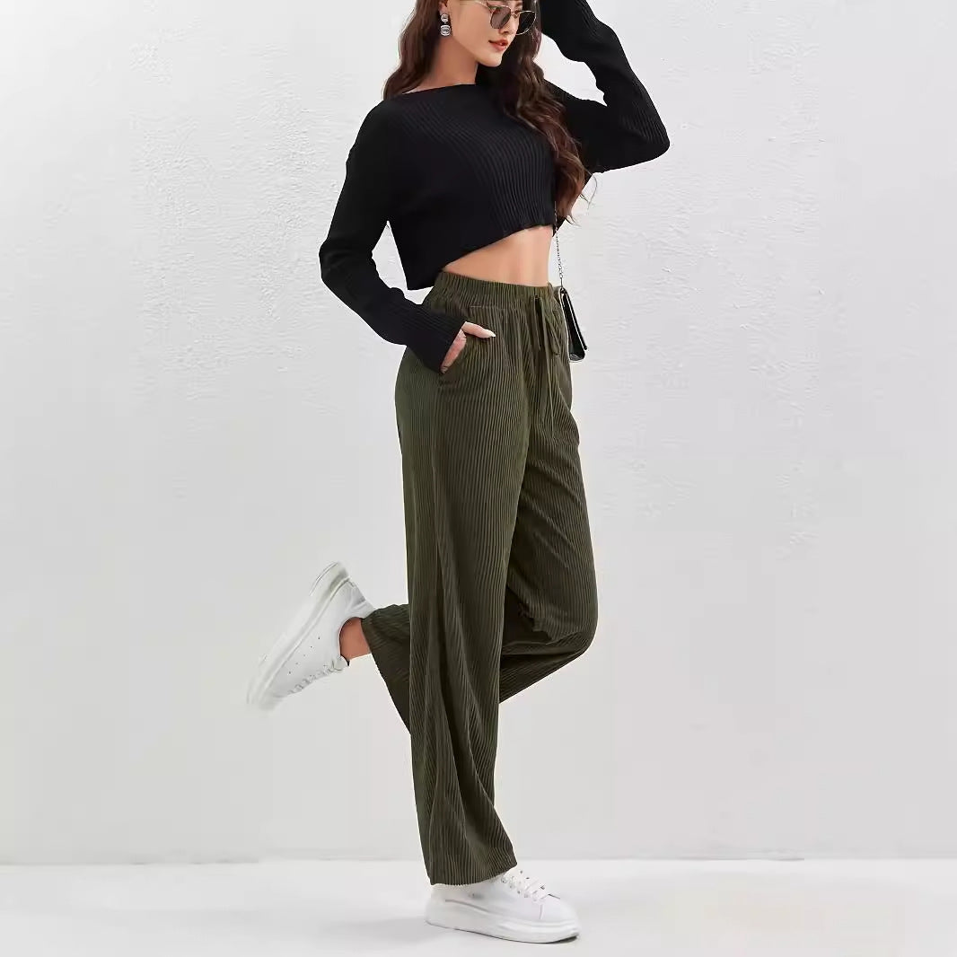 Women Casual Retro Solid Color All Matching Corduroy Elastic Waist Straight Leg Trousers