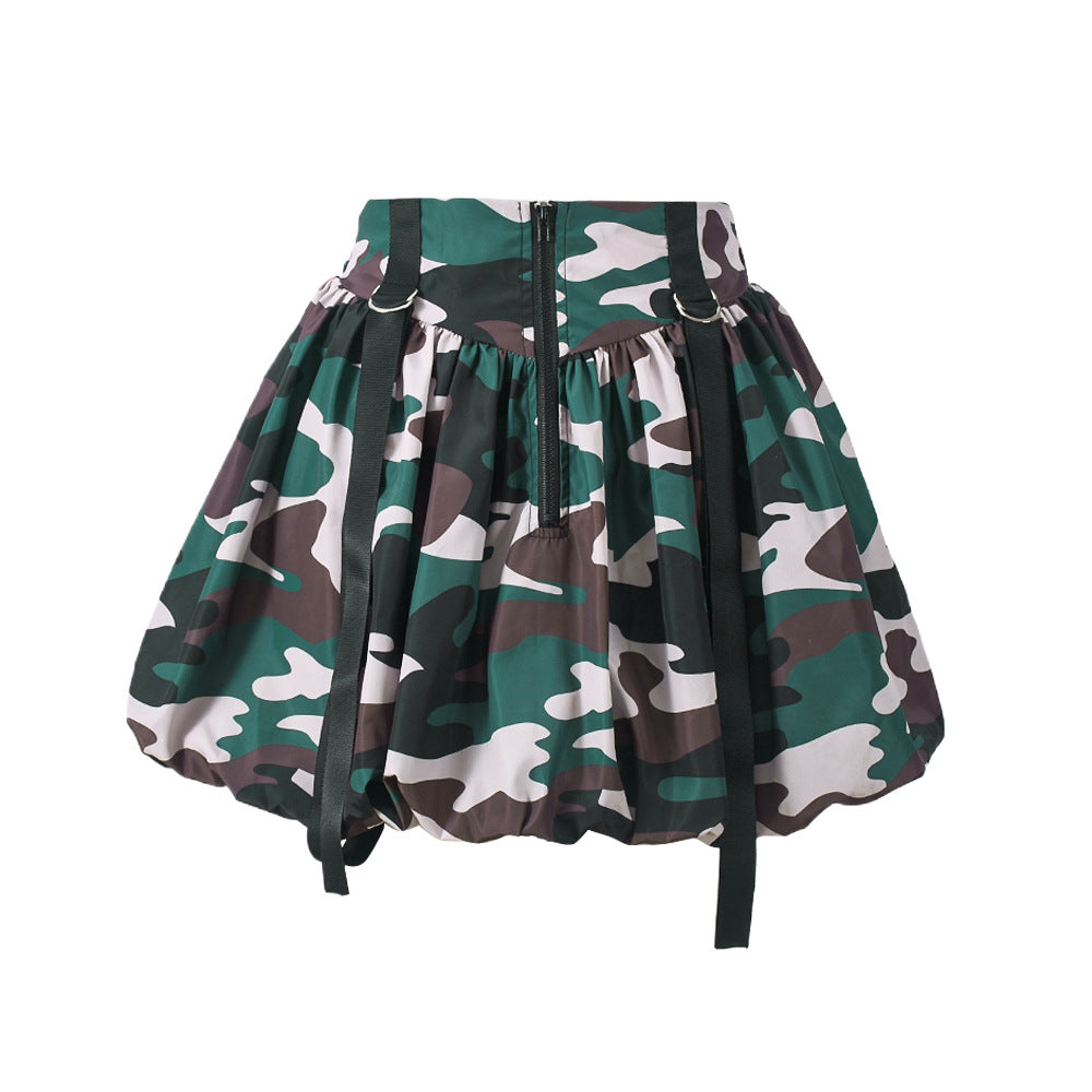 Women Clothing Camouflage Pettiskirt Elastic Waist Zipper Umbrella Skirt Pleated Skirt Camouflage Green