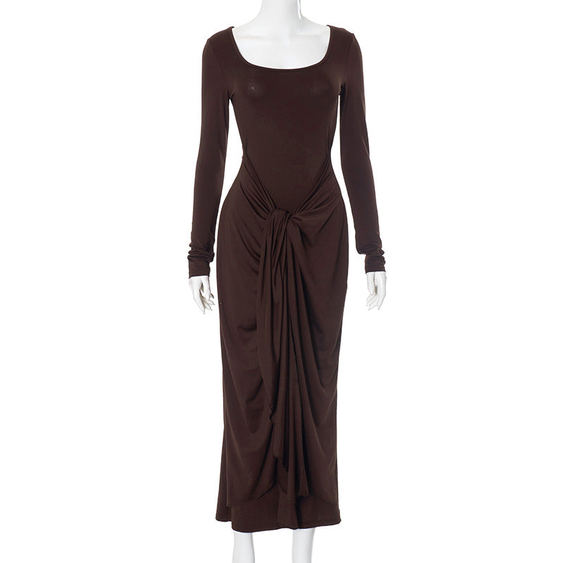 Women Clothing Autumn Winter Solid Color Simple Twisted Elegant Sheath Dress Brown