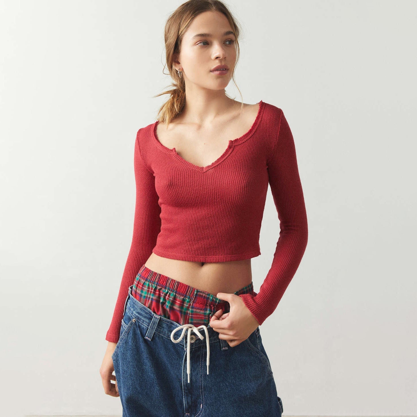 Summer Women Clothes Solid Color Rib Slim Fit T shirt V neck Long Sleeve Knitwear Sexy Top Red