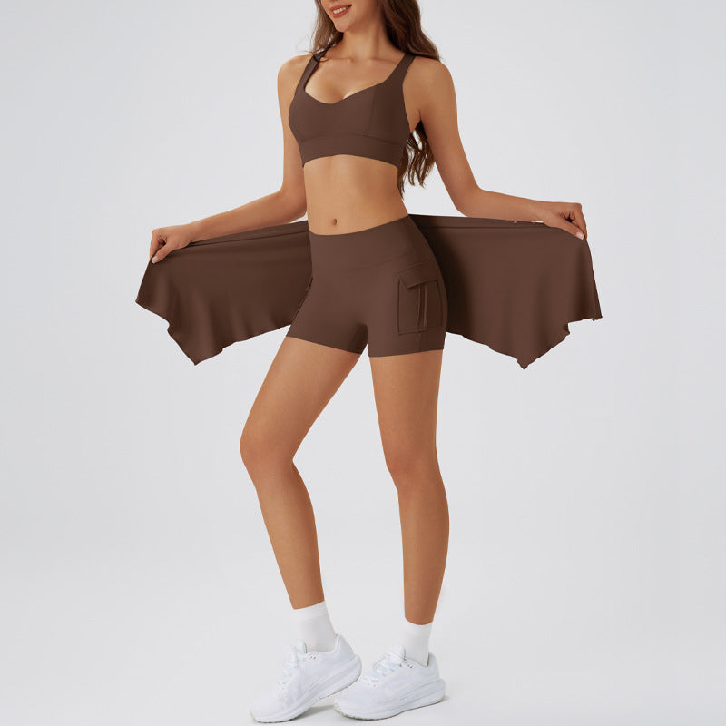 Spring Nude Feel Slim Fit Yoga Wear Tight Curtain Yoga Exercise Removable Gather Thin Bra Bra Shorts with Curtain Brown